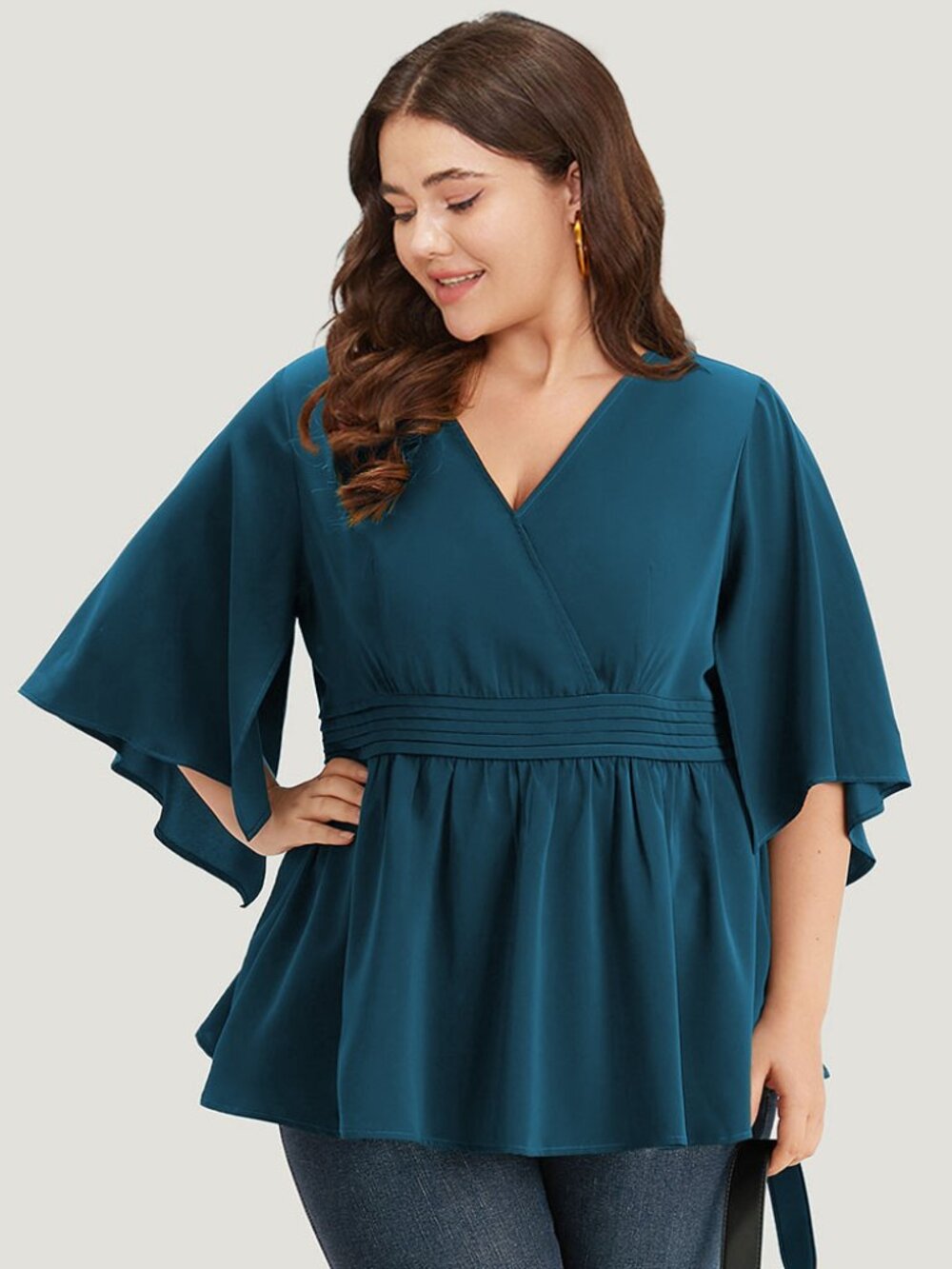 Anti-Wrinkle Plain Pleated Wrap Split Ruffles Blouse